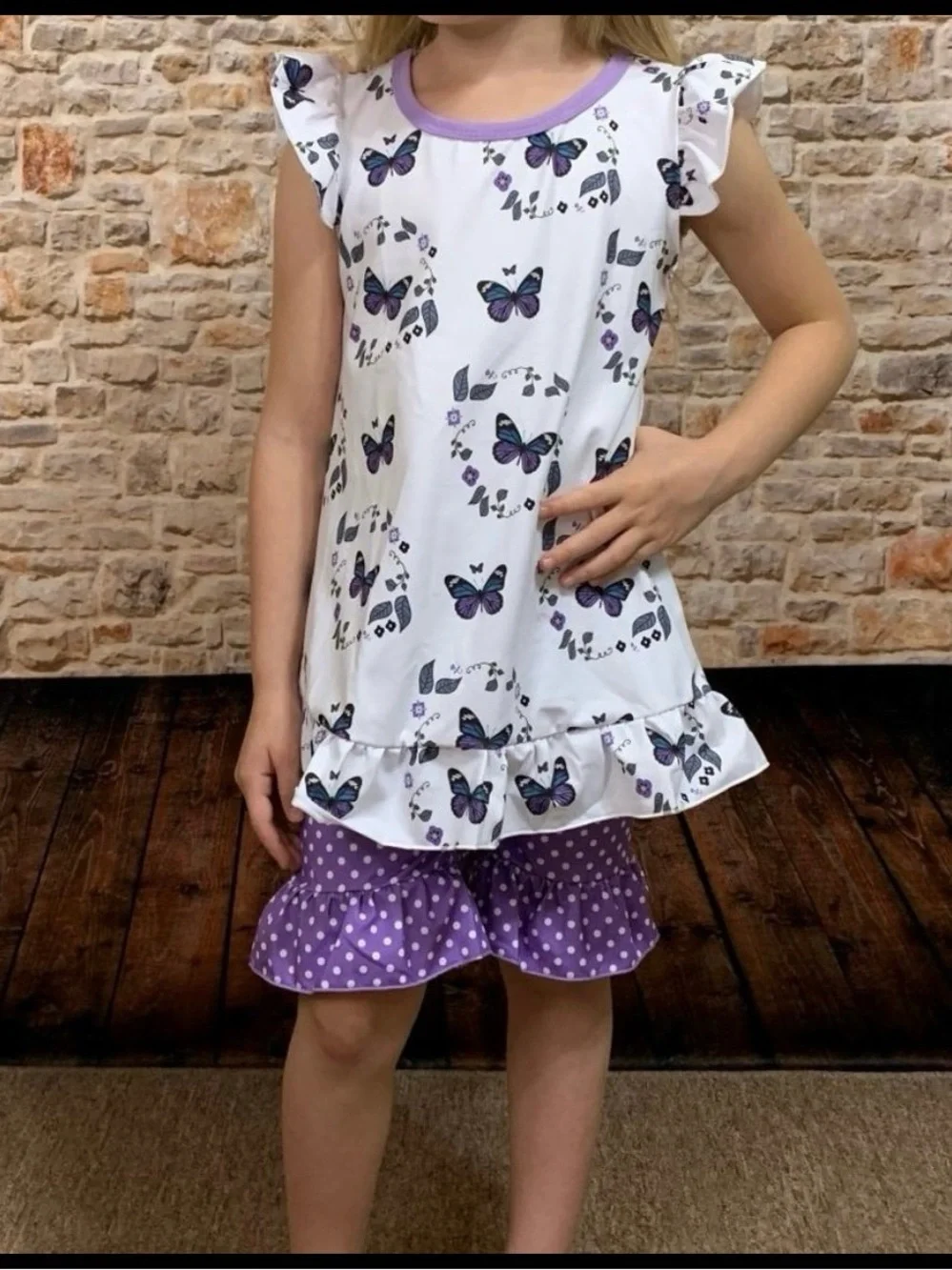 NEW Boutique Girl’s Butterfly Polka Dot Top & Ruffle Shorts Outfit Set
